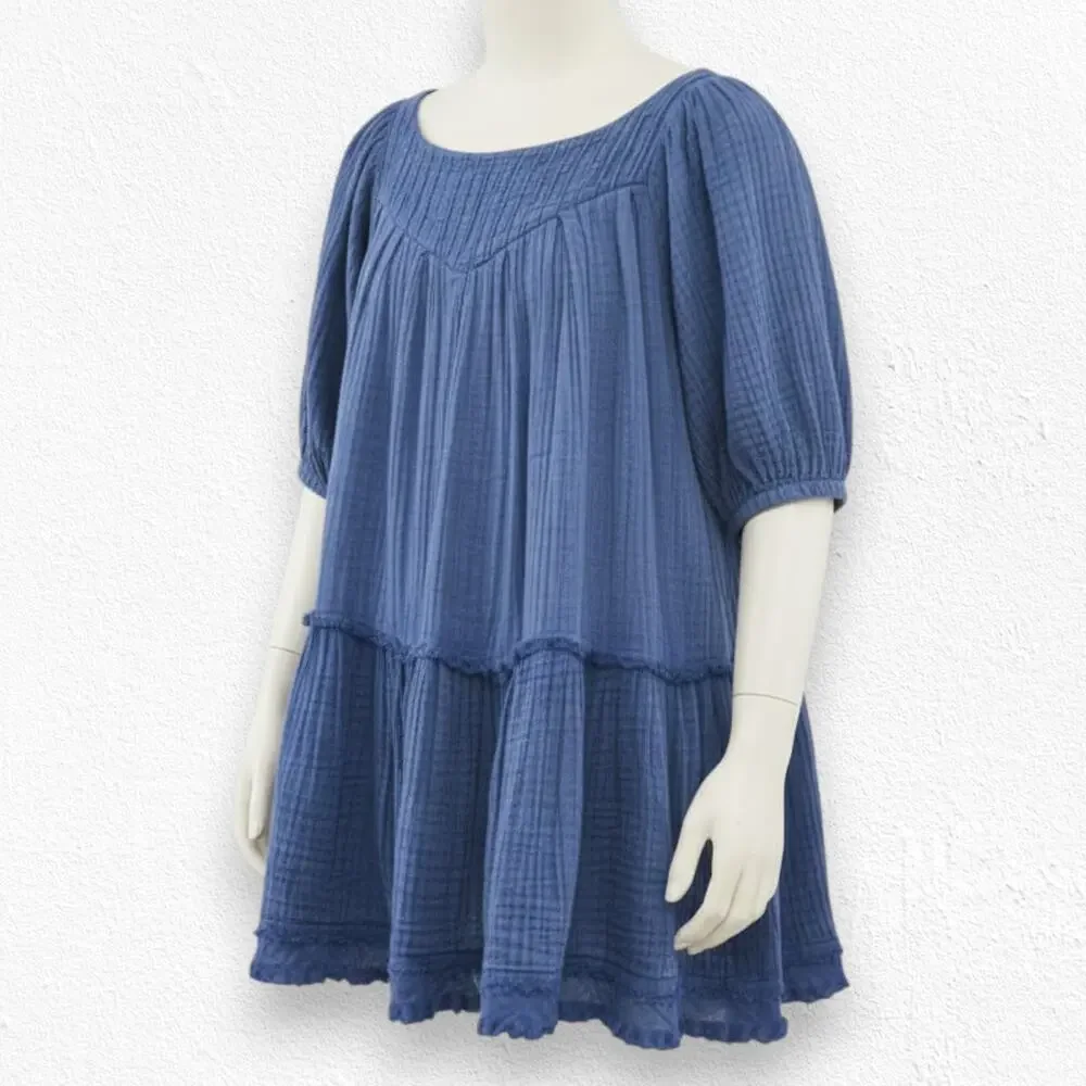 Free People Blue Gauze Tiered Peasant Tunic Dress Oversized Boho Top Size XS